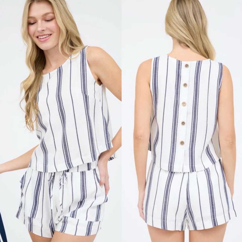 Navy Striped Sleeveless Button Back Top (S)